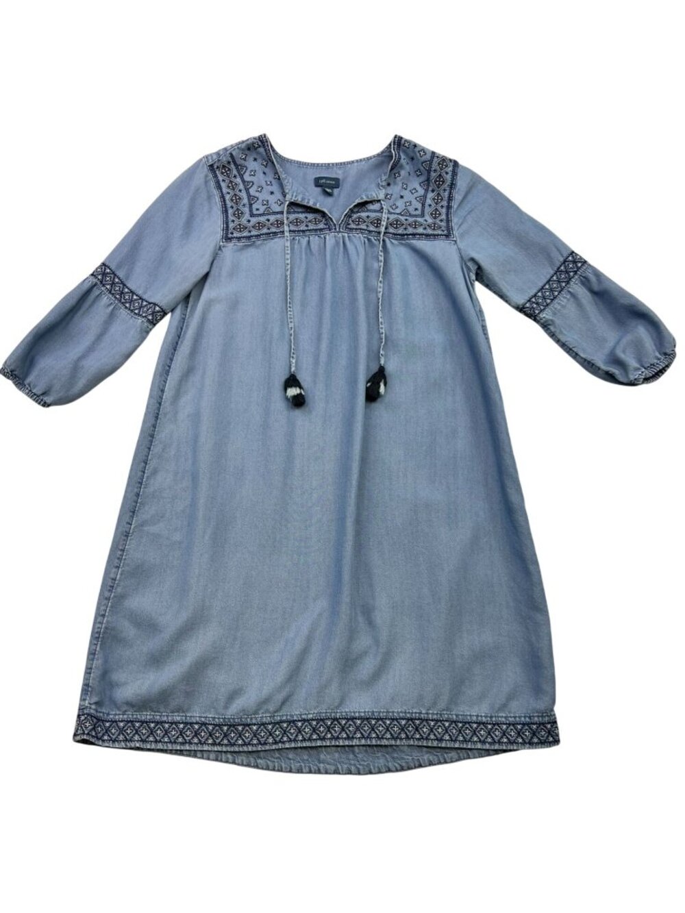J. Jill Women's Denim Embroidered Peasant Dress 3/4 Sleeve Size XS Light Blue